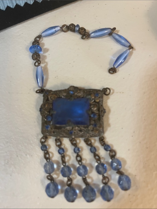 Jewelry - Vintage Blue Glass Pendant Necklace - Blue Statement Jewelry